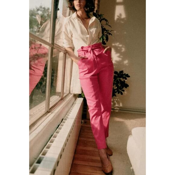 Sezane Arthuro Trousers Paper Bag Pants High Waisted Bright Pink Size 38 Medium - Picture 1 of 14